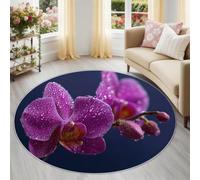 Alfombra redonda lavable con diseño floral elegante de orquídea para sala de estar, 120 cm, color azul profundo, minimalista, fina, suave, para niños y mascotas, alfombras antideslizantes seguras para