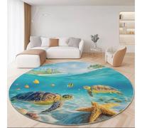Alfombra Redonda Lavable de 100 cm, Playa Tropical Mundo Submarino Tortugas Imprimir Franela Antideslizante Alfombra Redonda, Verde Azulado Alfombras para Sala de Estar Dormitorio Pasillo Cocina