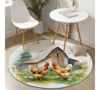Alfombra Redonda Lavable de 120 cm, Casa De Campo Dibujos Animados Aves De Corral Imprimir Franela Antideslizante Alfombra Redonda, Blanco Alfombras para Sala de Estar Dormitorio Pasillo Cocina