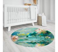 Alfombra redonda lavable Oriental Lotus Alfombra de piso de círculo antideslizante delgada de hojas verdes y flores blancas rosas para decoración de oficina de sala de estar de guardería 180cm