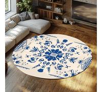 Alfombra Redonda Lavable Ultra Suave Vintage Rustic Folk Art Floral Navy Alfombras círculo Antideslizante Pelo bajo para Sala Estar Comedor 200cm