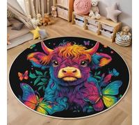 Alfombra Redonda Máquina 160Cm,Ganado De Las Tierras Altas Mariposa 3D Ilustraciones De Animales Decoración Para Sala Estar,Dormitorio Cocina Balcón Terraza Comedor Interior Y Exterior,Azul Púrpura