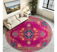 Alfombra redonda marroquí Paisley Salon, pelo bajo esponjoso antideslizante | Volutes Paisley Tono Magenta Luminoso, No Pierde Sus Pelos, Lavable a Máquina, Alfombra Resistente Salón y Dormitorio