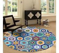 Alfombra Redonda Moderna Lavable a Máquina 100 cm Marroquí Geométrico Hexágono Floral, Alfombra de Pelo Corto Antideslizante Azul - Moqueta Resistente para Salón Dormitorio Comedor Oficina