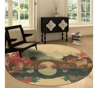 Alfombra Redonda Moderna Lavable a Máquina 150 cm Chino Tradicional Arquitectura Flores, Alfombra de Pelo Corto Antideslizante Color Arena - Moqueta Resistente para Salón Dormitorio Comedor Oficina