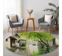 Alfombra Redonda Moderna Lavable a Máquina 160 cm Arquitectura Callejón Plantas Sauces, Alfombra de Pelo Corto Antideslizante Vintage - Moqueta Resistente para Salón Dormitorio Comedor Oficina