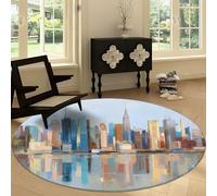 Alfombra Redonda Moderna Lavable a Máquina 180 cm Pintura al Óleo Nueva York Arquitectura, Alfombra de Pelo Corto Antideslizante Azul Claro - Moqueta Resistente para Salón Dormitorio Comedor Oficina
