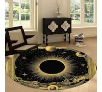 Alfombra Redonda Moderna Lavable a Máquina 200 cm Abstracto Celestial Sol Planetas, Alfombra de Pelo Corto Antideslizante Negro Dorado - Moqueta Resistente para Salón Dormitorio Comedor Oficina