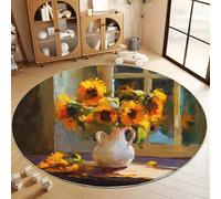 Alfombra Redonda Naranja-Amarillo, Alfombras Ultrasuave Lavable de Pelo Corto Pintura Al Óleo Naturaleza Flores Girasol - Alfombra Redonda Antideslizante para Sala de Estar Dormitorio 100 cm