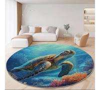 Alfombra Redonda Navegación Estilo 90cm, Azul Antideslizante Lavable a Máquina Alfombras - Suave Pelusa Corta Océano Elegante Animal Tortuga Alfombra Impresa para Dormitorio Cocina Halls Balcón