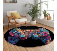 Alfombra Redonda Negro, Alfombras Ultrasuave Lavable de Pelo Corto Fantasía Grafiti Mando De Videojuegos Arte - Alfombra Redonda Antideslizante para Sala de Estar Dormitorio 100 cm