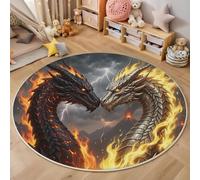 Alfombra Redonda Oro Fantasía Ilustración, Modelo Lavable Antideslizante Pelo Bajo Estampado Dragón Fuego Alfombra Decorativa, para Sala de Estar y Dormitorio 180cm