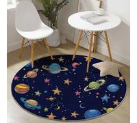 Alfombra redonda para comedor Planetas Pintados A Mano De Dibujos Animados Motivo Alfombra antideslizante suave y esponjosa para sala de estar, dormitorio, habitación infantil, 90 cm, Azul Oscuro