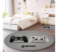 Alfombra redonda para habitación infantil Motivo Del Controlador De Juego, Estilo Minimalista Moderno Alfombra antideslizante suave y esponjosa para sala de estar, dormitorio, comedor, 160 cm, Gris