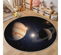 Alfombra redonda para niños de 120cm,alfombra educativa antideslizante con diseño de Saturno, un planeta Espacio de ciencia ficción, sala de juegos y decoración de habitación de niños,Azul oscuro