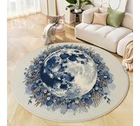 Alfombra redonda para niños de 160cm,alfombra educativa antideslizante con diseño de Ramas y flores de la luna Estilo abstracto de acuarela, sala de juegos y decoración de habitación de niños,Azul