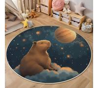 Alfombra redonda para niños de 80cm,alfombra educativa antideslizante con diseño de Capibara Planeta del cielo estrellado Animales de dibujos animados, decoración de habitación de niños,Amarillo Azul