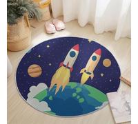 Alfombra Redonda para Sala de Estar 120 cm, Cohete De Dibujos Animados Tierra Alfombra Decorativa Antideslizante para Sala de Estar Dormitorio balcón Interior y Exterior Azul Oscuro
