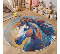 Alfombra Redonda Para Sala De Estar, Alfombra Círculo Acuarela Perfil De Cabeza De Caballo Antideslizante Alfombras De Pintura Al Óleo Abstracta De Animales Lavable Para Dormitorio, Comedor, Azul