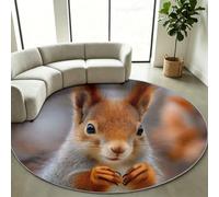 Alfombra redonda para salón moderna, naturaleza, pequeña ardilla del bosque | Alfombra de pelo bajo suave de lana artificial antideslizante, diseño de animal del bosque, lavable a máquina