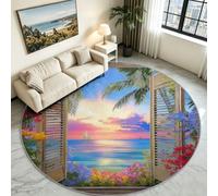 Alfombra redonda para ventana de velero, 160 cm, diseño tropical costero | Scenic Ocean Breeze - Tapete circular antideslizante con base de goma de pelo bajo, alfombra marina relajante para sala de