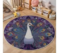 Alfombra Redonda Pavo Real Extendiendo Sus Plumas De La Cola Patrón, Alfombra Morado Oscuro Resistente a Las Manchas, Alfombras Franela Estilo Art Déco Antideslizante, para Salón Sofá Comedor 150cm
