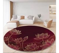 Alfombra Redonda Pelo Corto, Flores Loto Líneas Antideslizante Resistente Alfombras, Rojo Stampato Alfombra Redonda para Dormitorio Salón Pasillo, 90 cm