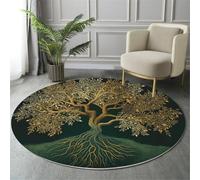 Alfombra Redonda Plantas Misteriosas De Fantasía, Alfombra Verde Pelo Corto Suave, Alfombras Estampado Árboles Dorados Pradera Antideslizante fácil de cuidar, para Dormitorio Salón Cocina Halls 180cm
