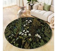 Alfombra Redonda Plantas Naturales Retro, Alfombra Verde Pelo Corto Suave, Alfombras Estampado Helechos Flores Antideslizante fácil de cuidar, para Dormitorio Salón Cocina Halls 100cm