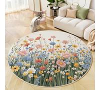 Alfombra Redonda Pradera Primaveral Alfombra de Pelo Corto Flores Silvestres En Flor Alfombras Antideslizante, Lavable para Dormitorio, Entrada, Comedor, Dormitorio Familiar, 90cm, Verde Salvia