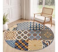 Alfombra redonda retro geométrica 80 cm, flores de ajedrez rayas Paisley lavable a máquina para sala de estar, antideslizante, alfombra impresa para comedor, habitación de niños, enfermería, azul