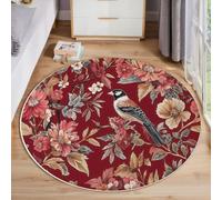 Alfombra Redonda Rojo para Salon 90cm, Alfombra con Estampado Flores Pájaros Hojas Lavable, Antideslizante Naturaleza Tradición Alfombras, para Dormitorio Cocina Comedor Balcón Interior