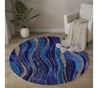 Alfombra Redonda Salon 100 Cm, Alfombra Antideslizante Estampado Rayas De Lámina Dorada Brillante, Suave Lavable Lavadora Azul Índigo Mármol Abstracto Alfombras Para Dormitorio Cocina Comedor