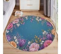 Alfombra Redonda Salon 100cm, Alfombra Antideslizante Estampado Tulipanes Peonías Hojas Verdes, Suave Lavable Lavadora Plantas Y Flores Románticas Púrpura Alfombras para Salón Comedor Halls Balcón