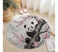 Alfombra redonda salón 120 cm Animal Floral Panda gigante oriental y flores de melocotón, alfombra antideslizante para dormitorio niña interior rosa negro