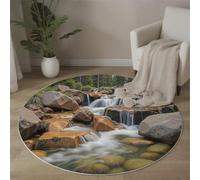 Alfombra Redonda Salon 120cm, Alfombra Antideslizante Estampado Cascada Rocas Bosque, Suave Lavable Lavadora Fotografía Paisajes Naturales Marrón Alfombras para Salón Cocina Comedor Halls Balcón
