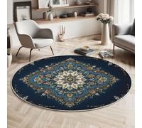 Alfombra Redonda Salon 120cm, Alfombra Antideslizante Estampado Geometría Plantas Flores, Suave Lavable Lavadora Estilo Tradicional Retro Azul Marino Alfombras para Salón Cocina Comedor Halls Balcón