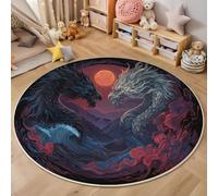 Alfombra Redonda Salon 160cm, Alfombra Antideslizante Estampado Dibujos Animados Dragón Olas del Océano, Suave Lavable Lavadora Arte Fantástico Animales Rojo Alfombras para Salón Comedor Halls Balcón