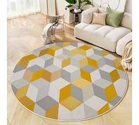 Alfombra Redonda Salon 60 Cm, Alfombra Antideslizante Estampado Cubo De Bloque De Color Moderno, Suave Lavable Lavadora Amarillo-Gris Geometría Simple Alfombras Para Dormitorio Cocina Comedor