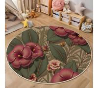 Alfombra Redonda Salon 60cm, Alfombra Antideslizante Estampado Flores Rojas Hojas, Suave Lavable Lavadora Plantas Retro Pintadas A Mano Verde Alfombras para Salón Cocina Comedor Halls Balcón