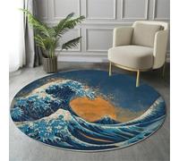 Alfombra Redonda Salon 60cm, Alfombra Antideslizante Estampado Olas Sol, Suave Lavable Lavadora Estilo Japonés Ukiyo-E Azul Alfombras para Salón Cocina Comedor Halls Balcón