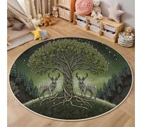 Alfombra Redonda Salon 90cm, Alfombra Antideslizante Estampado Árbol De La Vida Ciervo, Suave Lavable Lavadora Estilo De Arte De Fantasía Verde Alfombras para Salón Cocina Comedor Halls Balcón