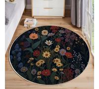 Alfombra Redonda Salon 90cm, Alfombra Antideslizante Estampado Flores Silvestres Hojas Verdes, Suave Lavable Lavadora Estilo Pastoral Retro Vistoso Alfombras para Salón Cocina Comedor Halls Balcón