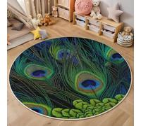 Alfombra Redonda Salon 90cm, Alfombra Antideslizante Estampado Plumas De Pavo Real Primer Plano, Suave Lavable Lavadora Fotografía De Arte Natural Azul Verdoso Alfombras para Salón Cocina Comedor