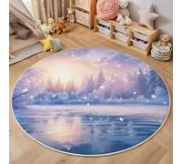 Alfombra Redonda Salón Bosque Del Lago De Hielo Alfombra de Pelo Corto País De Las Maravillas Invernal Alfombras de cama Fácil de Limpiar 100cm para Dormitorio, Estudio, Oficina, Pasillo, Púrpura