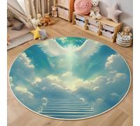Alfombra Redonda Salon Estilo De Sueño Sagrado 180cm, Alfombra Circular Azul Blanco Lavable, Antideslizante de Pelo Corto Suave Escalera Alas De Ángel Alfombras para Dormitorio Salón Entrada