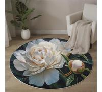 Alfombra Redonda Salón Flores Y Capullos De Peonía Alfombra de Pelo Corto Pintura Al Óleo De Flores Alfombras de cama Fácil de Limpiar 80cm para Dormitorio, Estudio, Oficina, Pasillo, Verde Oscuro