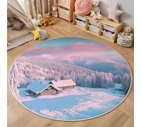 Alfombra Redonda Salón País De Las Maravillas De La Montaña Alfombra de Pelo Corto Paisaje Invernal Alfombras de cama Fácil de Limpiar 100cm para Dormitorio, Estudio, Oficina, Pasillo, Rosa Claro