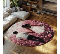 Alfombra redonda soñada para el día de la boda 100cm - Pareja romántica que se encuentra con estampado rosa de campos de rosas alfombras lavables de pelo bajo para decorar el sofá del vestíbulo