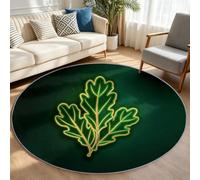 Alfombra redonda verde 180 cm decoración botánica, hojas de roble y borla | Lavable a máquina y antideslizante, moqueta suave, pelo corto estilo bosque para salón cálido, entrada y pasillo